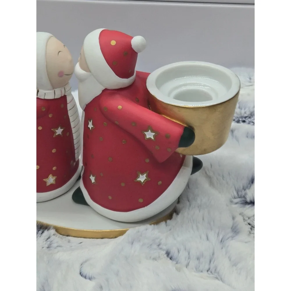 PartyLite Christmas Santa Couple Tealight Holder Ceramic Red Gold Holiday - Picture 3 of 7